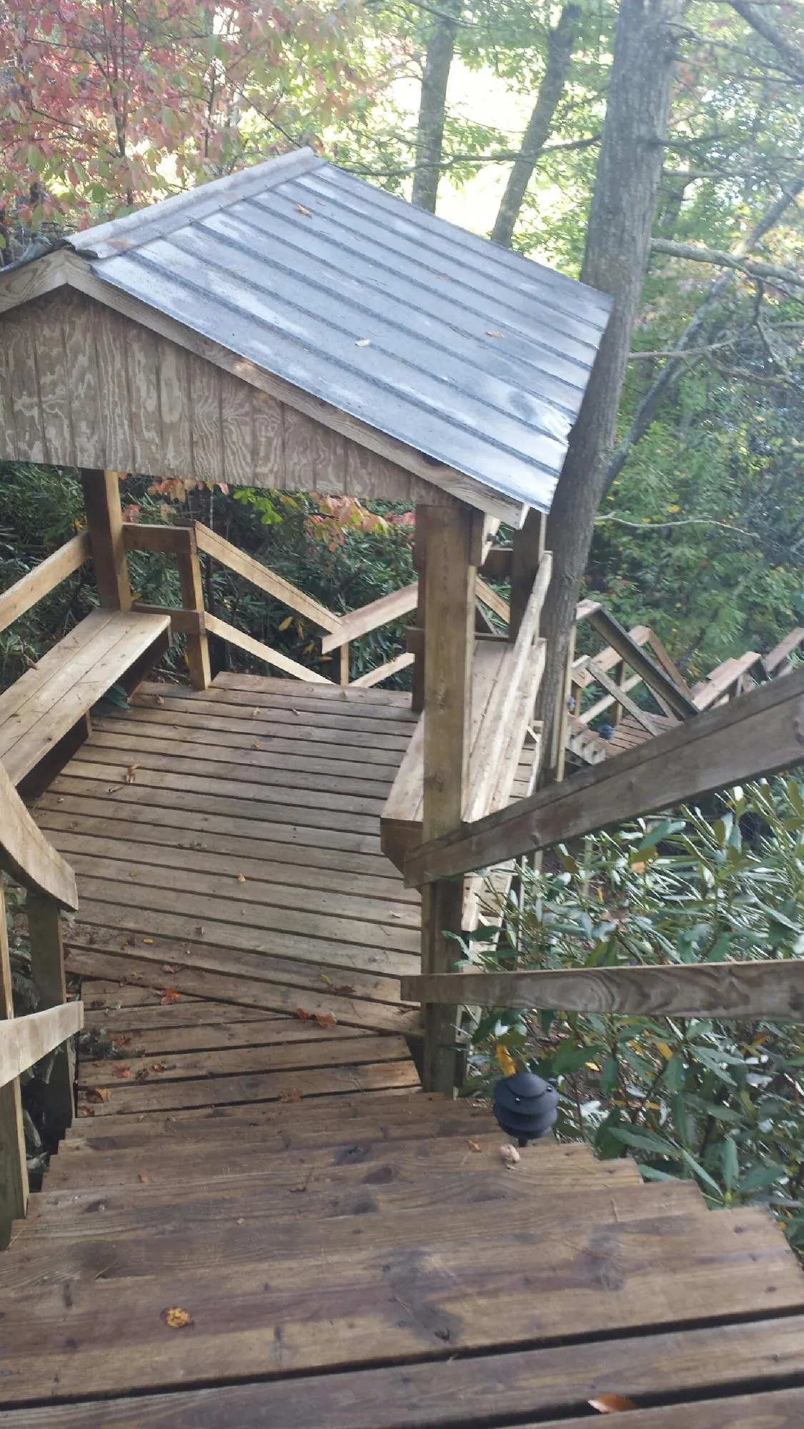 Metal roofed shelter over wooden steps on a wooded walkway — Skylight Repair & Installation work by our crew in Cold Spring Harbor